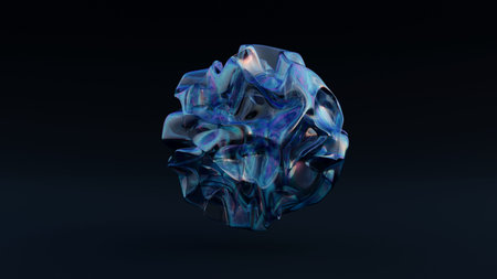 3d render abstract transparent ball of curved wavy spherical biological line shapes in glass, bubble...