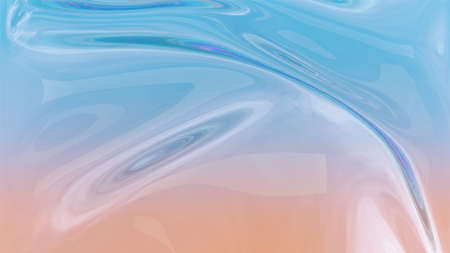 Blue-orange gradient abstract plastic wave background. Shimmering texture 3d render. Crystalline liquid, glossy glass liquid silk. Crumpled holographic texture. Rainbow design element for bannerの写真素材