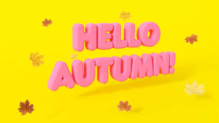 Pink text 3D rendering of Hello Autumn. Yellow background with maple leaves and beautiful shadows, bannerの写真素材