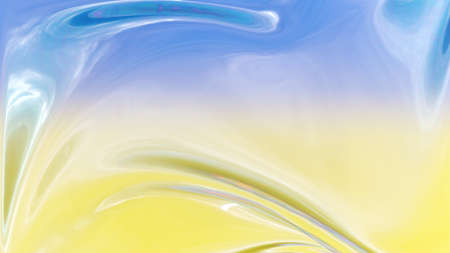 Blue-yellow gradient abstract plastic wave background. Shimmering texture 3d render. Crystalline liquid, glossy glass liquid silk. Crumpled holographic texture. Rainbow design element for bannerの写真素材