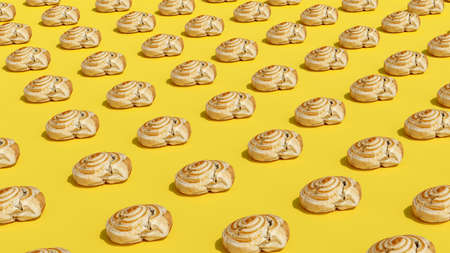 Homemade fresh baked goods bars, croissants, scones, rolls, cookies and batons, cookies, cakes, cheesecakes and brownies, muffins. pattern on yellow backgroundの写真素材