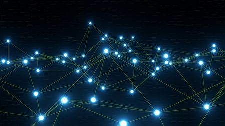 Green and blue futuristic space particles, neon black vj background, space sphere vfx design element. Abstract constellations web energy beam power electric magnet vj neonの写真素材
