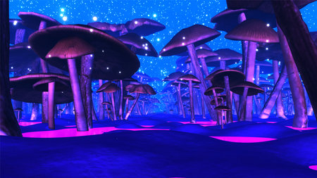 Night landscape, dark mushroom forest, river. Night sky, reflection in water and mystical sci-fi forest with flying and shimmering particles, 3D illustration of sci-fi scene with neon lighting on a water planetの写真素材