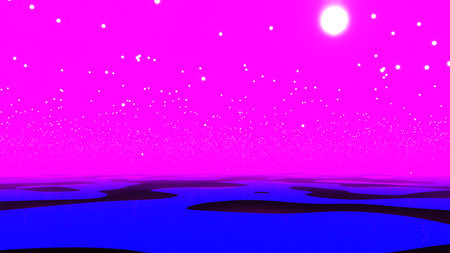 Night landscape pink sky, reflection in water and mystical sci-fi flying and shimmering particles, 3D illustration of sci-fi scene with neon lighting on water planetの写真素材