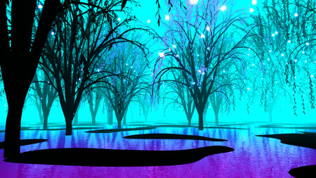 Night landscape, dark forest, river. Night sky, reflection in water and mystical sci-fi forest with flying and shimmering particles, 3D illustration of sci-fi scene with neon lighting on a water planetの写真素材