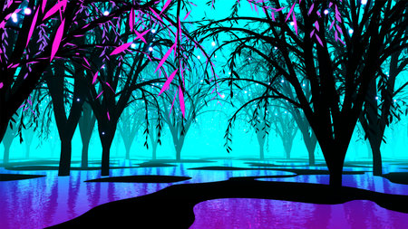 Night landscape, dark forest, river. Night sky, reflection in water and mystical sci-fi forest with flying and shimmering particles, 3D illustration of sci-fi scene with neon lighting on a water planetの写真素材