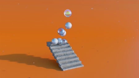 Transparent and glass soft balloons on staircase with minimal orange background design. 3D abstract. Modern minimal aesthetic wallpaperの写真素材