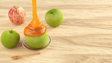Apples and honey jar for jewish new year holiday isolated on wooden background, space for textの写真素材