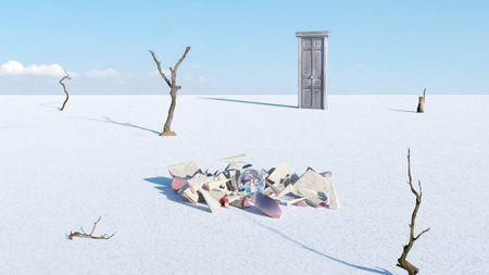 3d render, abstract sci-fi panoramic background with broken geometric ball of shards among the sand dunes of the desert. Landscape under a clear blue sky. modern minimal aesthetic wallpaperの写真素材