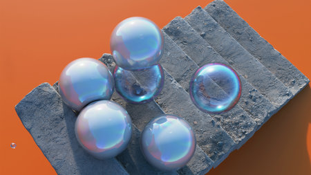 Transparent and glass soft balloons on staircase with minimal orange background design. 3D abstract. Modern minimal aesthetic wallpaperの写真素材
