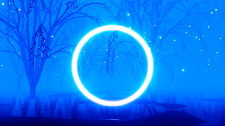 Fantastic view in a foggy night forest and glowing ring of space portals. With flying and shimmering particles of light bokeh. Abstract background for the product, textの写真素材