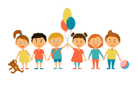 Children. Cartoon characters. Friends. Funny kids with balloons and toys.のイラスト素材