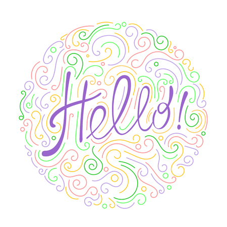 Lettering. The word "Hello." Round emblem. Multicolored version.のイラスト素材