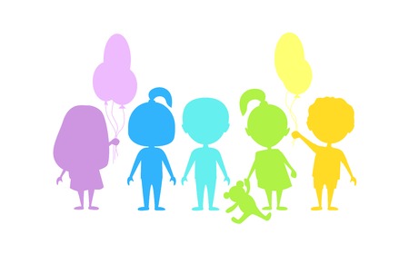 Colored children silhouettes. Vector illustration. Cartoon characters.Silhouettes on a white background.のイラスト素材