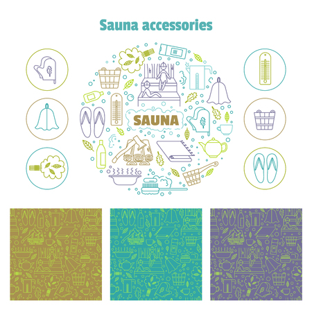 Set consisting of a round emblem, icons and line seamless patterns. Vector illustration.Accessories for sauna and bath.のイラスト素材