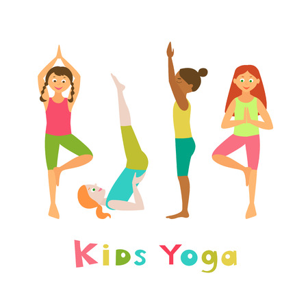 Kids yoga. Vector illustration. Asanas. Set of yoga poses. Cartoon characters.のイラスト素材