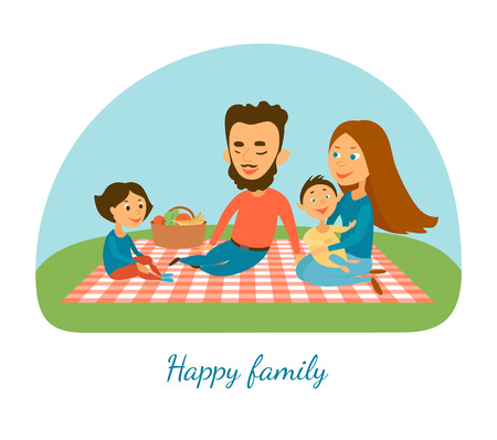 Vector illustration.A happy family. Camping. Picnic. A family. Cartoon charactersのイラスト素材