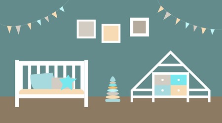 Vector illustration. Interior of the children's room.The bedroom of the baby. A set of elements for graphic design. Flat style.のイラスト素材