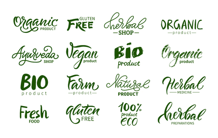 Set of  logos, labels. Organic,vegan,gluten free, ayurveda, natural product,herbal,farm. Lettering. Calligraphy.のイラスト素材