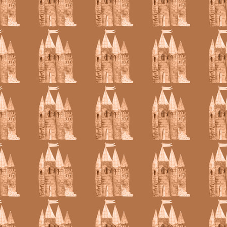 Watercolor seamless pattern with a picture of a fairy-tale castle.For graphic design, print for packaging paper, fabric, textiles, clothing.の写真素材