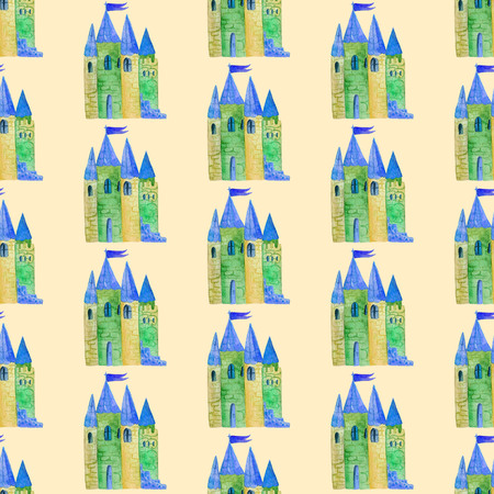 Watercolor seamless pattern with a picture of a fairy-tale castle.For graphic design, print for packaging paper, fabric, textiles, clothing.の写真素材