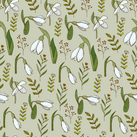 Seamless pattern with snowdrops and herbs. Hand Drawn flowers for invitation, wedding or postcard. EPS 10 vector illustration.のイラスト素材