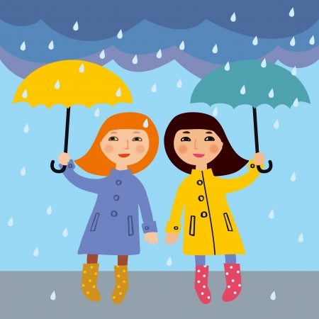 Two little girls in the rainのイラスト素材