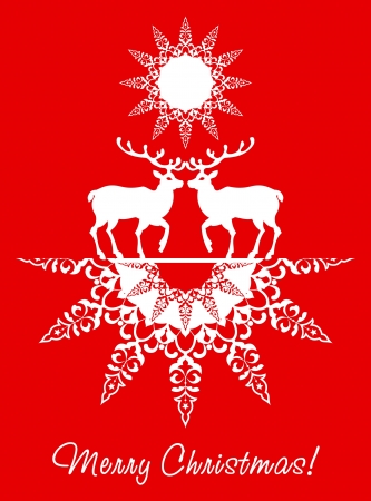 Christmas card deers and snowflake red backgroundのイラスト素材