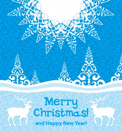 Christmas card deers in winter forestのイラスト素材