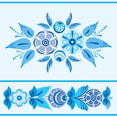 Folk floral ornamental border in blueのイラスト素材