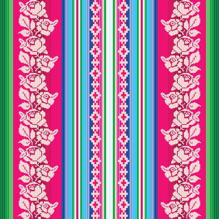 South american traditional textile striped seamless pattern with rosesのイラスト素材