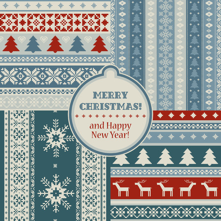 Set of traditional knitted Christmas seamless patternsのイラスト素材