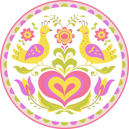 Birds, heart and flowers illustration in folk styleのイラスト素材