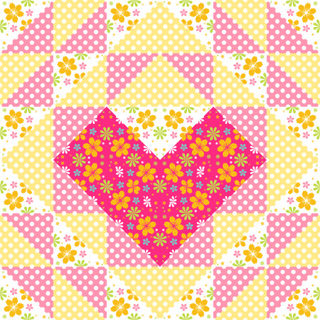 Patchwork pattern with flowers and heartのイラスト素材