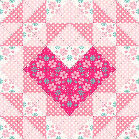 Patchwork pattern with heart and flowers in pinkのイラスト素材