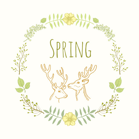 Spring background floral garland and deerのイラスト素材