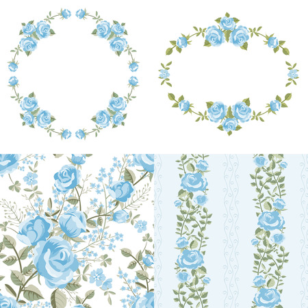 Blue roses, set of floral patterns and framesのイラスト素材