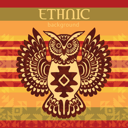Ethnic striped ornamental background with owlのイラスト素材