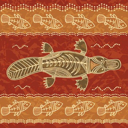 Platypus and fish; a tribal pattern in an australian aborigine styleのイラスト素材