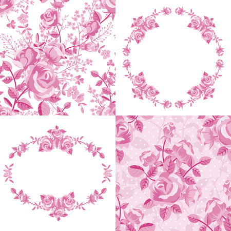 Set of roses floral patterns and frames in pinkのイラスト素材