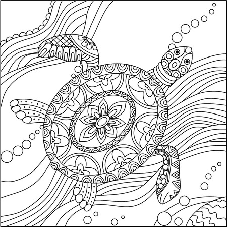 Sea turtle. Doodle hand drawn vector illustration. Coloring book pages for kids and adults.のイラスト素材
