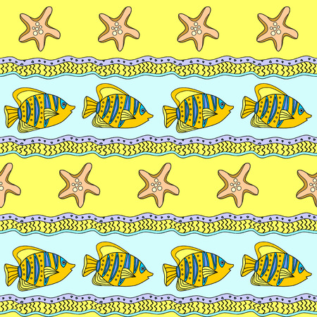 Sea striped seamless pattern with tropical fishesのイラスト素材