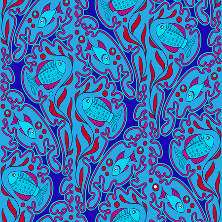 Seamless pattern with fish and red seaweedのイラスト素材