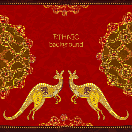 Kangaroo tribal background. Aboriginal art style, vector illustration. Dot painting elements. For cards, flyer design, posters, background.のイラスト素材