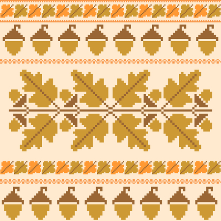 Autumnal embroidered background with oak leavesのイラスト素材