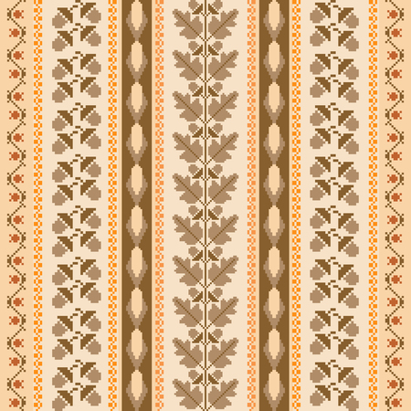 Autumnal striped traditional embroidered  cross-stitch background. Vector seamless patternのイラスト素材