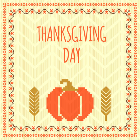 Retro embroidered Thanksgiving card template with pumpkin and feathers, vector backgroundのイラスト素材