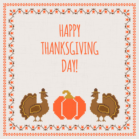 Thanksgiving day card with turkey and pumpkin. Embroidered background in folk style, vector illustration.のイラスト素材