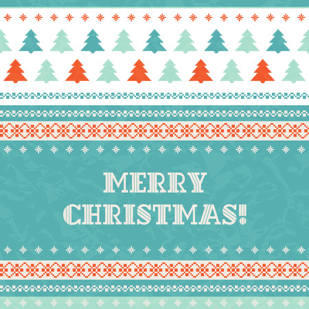 Merry Christmas retro card with Scandinavian style cross-stitchのイラスト素材