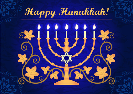 Happy Hanukkah greeting card, ornamental blue background with menorah and star of Davidのイラスト素材